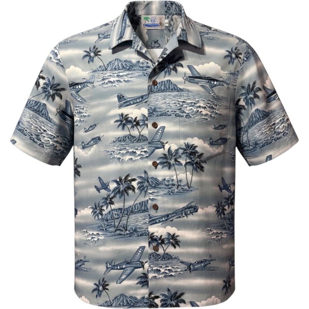 Vintage RJC Hawaiian Shirt Mens Large Blue WWII Fighter Planes Cotton Hawaii